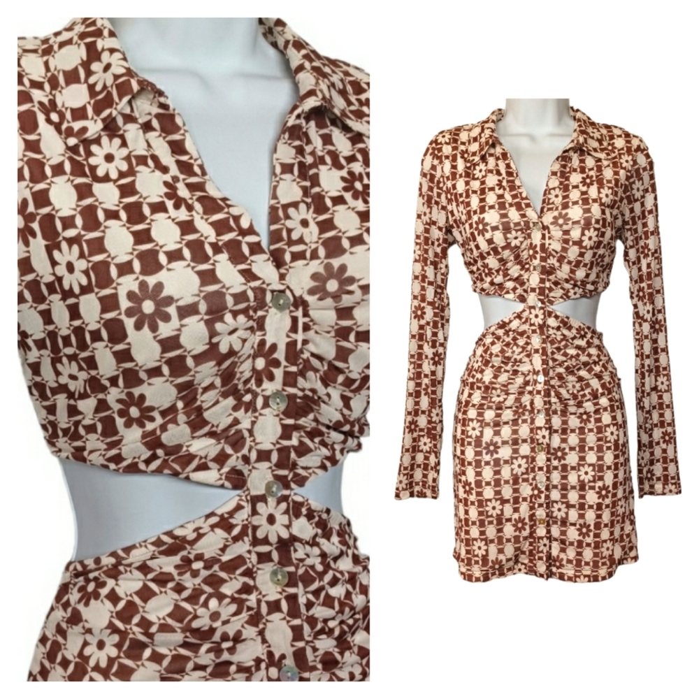 COTTON CANDY LA Brown Cream Floral Geometric Print Cut Out Mini Dress Medium